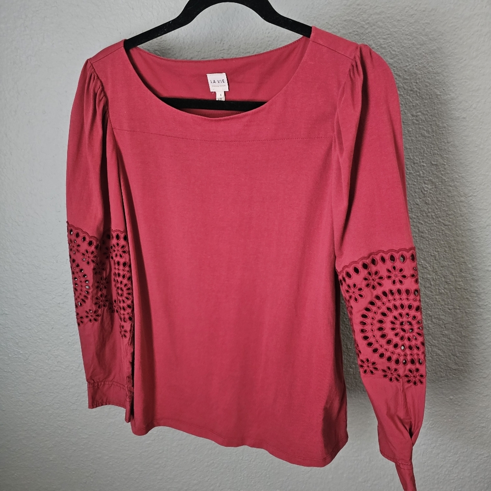 La Vie Rebecca Taylor Red Long Sleeve Eyelet Sleeve Top Blouse Size L